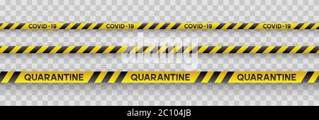 Bandes jaunes et noires de quarantaine du coronavirus. Illustration de Vecteur