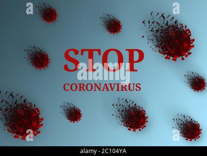 L'inscription 'Stop coronavirus' sur fond bleu. Les molécules Covid-19 se décomposent. Victoire sur le coronavirus. Banque D'Images