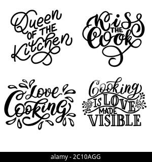 Un ensemble de phrases de motivation sur la cuisine. Graphiques vectoriels sur fond blanc, pour la conception de cartes postales, affiches, bannières, imprimés pour tee-shirts Illustration de Vecteur