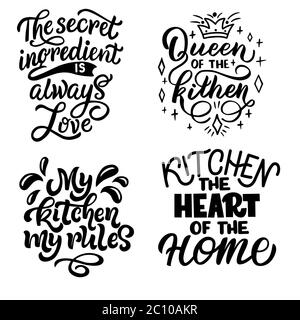 Un ensemble de phrases de motivation sur la cuisine. Graphiques vectoriels sur fond blanc, pour la conception de cartes postales, affiches, bannières, imprimés pour tee-shirts Illustration de Vecteur