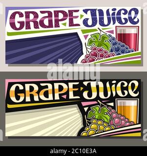 Bannières vectorielles pour jus de raisin avec espace de copie, mises en page horizontales avec illustration de la boisson végétalienne en verre et 2 petits pains à raisin de dessin animé, lette unique Illustration de Vecteur