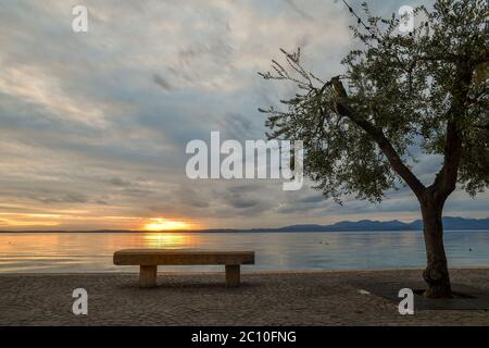 Vue panoramique sur le lac de Garde avec un banc de pierre et un olivier sur la rive au coucher du soleil, Lazise, Vérone, Vénétie, Itlay Banque D'Images