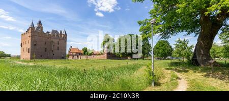 Doornenburg, pays-Bas - 31 mai 2020 : château de Doornenburg et chêne. Un des plus grands et des plus bien conservés châteaux des pays-Bas. Banque D'Images