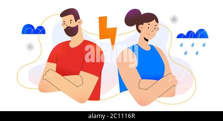 Jeune couple arguent, femme et homme ayant une querelle, concept de conflit familial, la fille en colère tourne son dos sur le petit ami, rupture dans la relation, plat Illustration de Vecteur