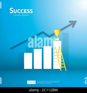 concept d'affaires avec escalier et coupe trophée. flèche direction au succès gagnant. Vision de croissance financière, récompense de réussite et carrière personnelle Illustration de Vecteur