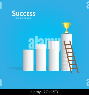 concept d'affaires avec escalier et coupe trophée. flèche direction au succès gagnant. Vision de croissance financière, récompense de réussite et carrière personnelle Illustration de Vecteur