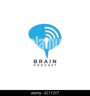 Modèle de conception du logo du podcast Brain. Cerveau bleu avec icône de microphone et concept de logo d'illustration d'onde de signal. Isolé sur fond blanc Illustration de Vecteur