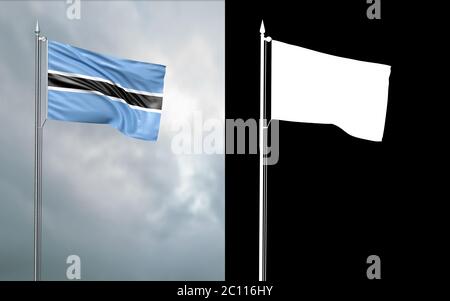 illustration 3d du drapeau d'état de la République du Botswana se déplaçant dans le vent au niveau du mât devant un ciel nuageux avec son canal alpha Banque D'Images