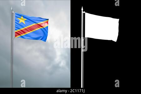 illustration 3d du drapeau d'Etat de la République démocratique du Congo se déplaçant dans le vent au niveau du mât devant un ciel nuageux avec son alpha c Banque D'Images