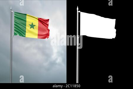 illustration 3d du drapeau d'Etat de la République du Sénégal se déplaçant dans le vent au niveau du mât devant un ciel nuageux avec son canal alpha Banque D'Images