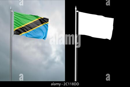 illustration 3d du drapeau d'Etat de la République-Unie de Tanzanie se déplaçant dans le vent au niveau du mât devant un ciel nuageux avec son channe alpha Banque D'Images