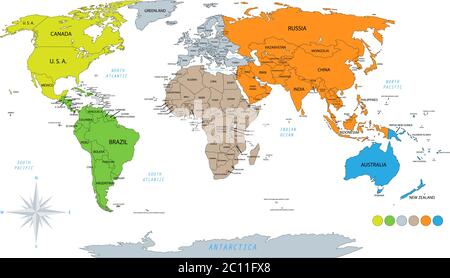 Carte du monde politique sur fond blanc, avec chaque état étiqueté et sélectionnable. Coloré par continents. Fichier.EPS10 polyvalent Illustration de Vecteur