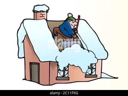 Illustration d'un homme qui a fait sortir le toit de la maison de nettoyage de neige qui s'est entorché sous la neige blanche Banque D'Images