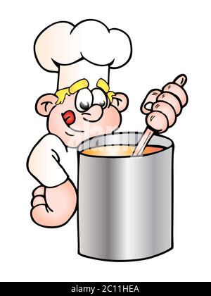 Chef montrant sa satisfaction avec sa recette de nourriture sur blanc isolé Banque D'Images