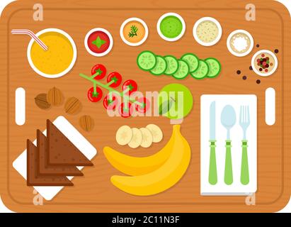 Petit déjeuner végétalien sur panneau de bois avec appareils Vector Icon Flat isolé Illustration de Vecteur