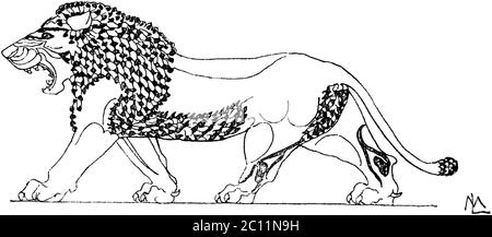 lion / Panthera leo / Assyrischer Löwe. Original aus rechteckigen, glasierten Tonfliesen zusammengesetzt. AUS dem Königspalast zu Khorsabad. 6. Jahrhundert vor Christus. (Raguenet). / carnet de motifs, ) Banque D'Images
