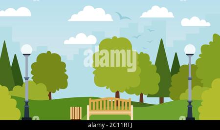 Jardin public urbain magnifique parc d'été. Matin ou jour dans le parc. Illustration de Vecteur