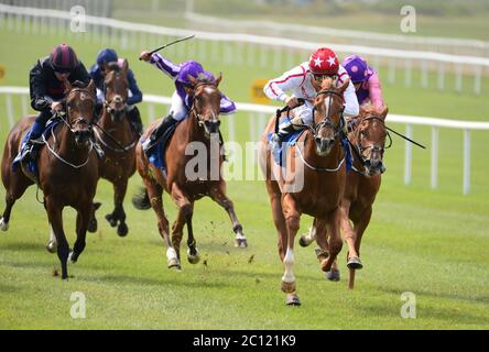 Dickiedooda, monté par Shane Foley (silks blancs et rouges), remporte la Tally-Ho Stud Irish EBF Maiden à l'hippodrome de Curragh. Banque D'Images