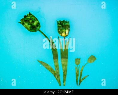 Tulipes de fleurs vertes sculptées dans une clôture en métal bleu aqua. Banque D'Images