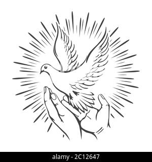 Mains humaines libérées Dove dans le ciel dessiné inTattoo style. Illustration vectorielle. Illustration de Vecteur