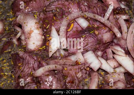 Viande de dinde coupée en morceaux et marinée dans du vin rouge avec des oignons et des épices. Gros plan, texture de surface Banque D'Images