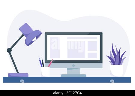 Concept d'espace de travail moderne, ordinateur sur bureau avec lampe, stylo et crayon, plante d'intérieur succulente. Freelance travaille à domicile. Illustration vectorielle Illustration de Vecteur
