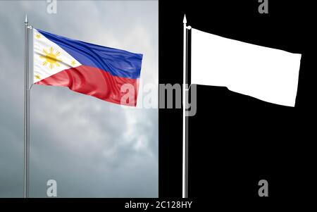 illustration 3d du drapeau d'Etat de la République des Philippines se déplaçant dans le vent au niveau du mât devant un ciel nuageux avec son channe alpha Banque D'Images