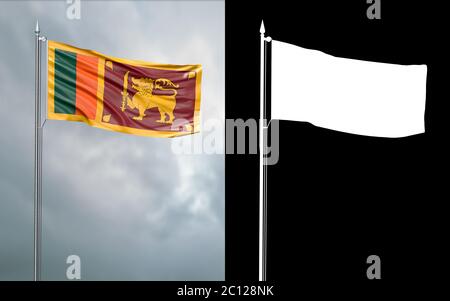 illustration 3d du drapeau d'Etat de la République socialiste démocratique de Sri Lanka se déplaçant dans le vent au niveau du mât devant un ciel nuageux avec moi Banque D'Images