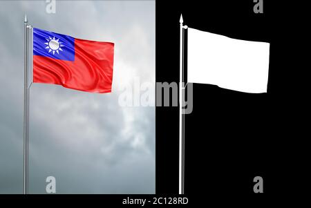 illustration 3d du drapeau d'Etat de la République de Chine se déplaçant dans le vent au niveau du mât devant un ciel nuageux avec son canal alpha Banque D'Images