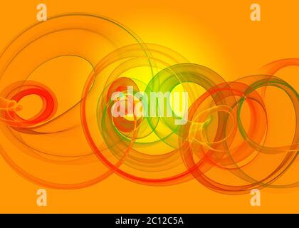 verre de vacances transparent arc-en-ciel courbe spirale et cercles sur jaune orange Résumé arrière-plan. Horizontal Illustration. Banque D'Images