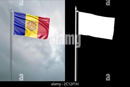 illustration 3d du drapeau d'état de la Principauté d'Andorre se déplaçant dans le vent au niveau du mât devant un ciel nuageux avec son canal alpha Banque D'Images