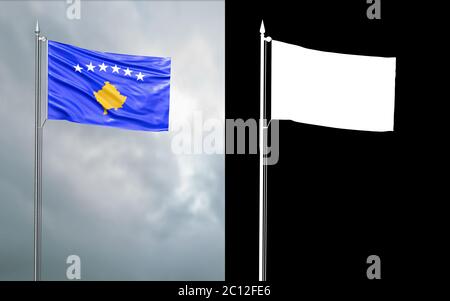 illustration 3d du drapeau d'Etat de la République du Kosovo se déplaçant dans le vent au niveau du mât devant un ciel nuageux avec son canal alpha Banque D'Images