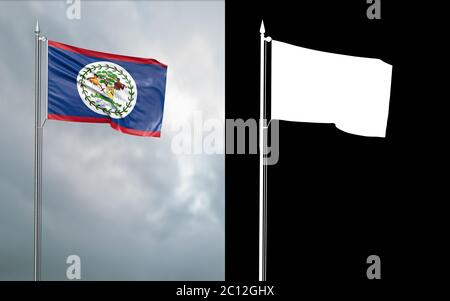 illustration 3d du drapeau d'état du Belize se déplaçant dans le vent au niveau du mât devant un ciel nuageux avec son canal alpha Banque D'Images