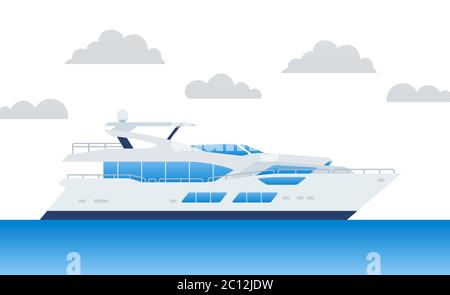 Yacht moderne pour se détendre et voyager sur l'illustration de vecteur bleu d'eau dans un design plat. Illustration de Vecteur