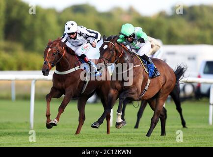 Kind Review, monté par Tom Eaves (à droite), remporte le handicap de Frog Island à l'hippodrome de Leicester. Banque D'Images