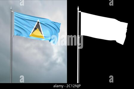 illustration 3d du drapeau d'état de Sainte-Lucie se déplaçant dans le vent au niveau du mât devant un ciel nuageux avec son canal alpha Banque D'Images