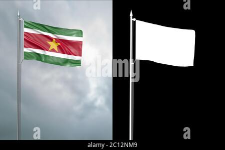 illustration 3d du drapeau d'Etat de la République du Suriname se déplaçant dans le vent au niveau du mât devant un ciel nuageux avec son canal alpha Banque D'Images
