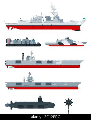 Icônes vectorielles plates des navires militaires. Différents types de navires de combat naval, bateaux militaires, navires. Illustration de Vecteur