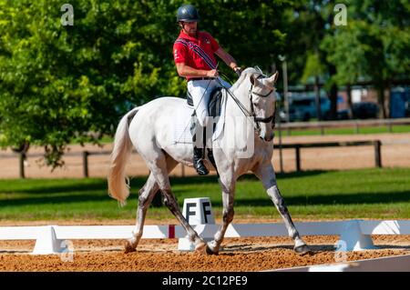 Raeford, Caroline du Nord, États-Unis. 13 juin 2020. 13 juin 2020 - Raeford, Caroline du Nord, États-Unis - WILL FAUDREE Riding PFun, concurrence en dressage à la série d'événements War Horse 2020, juin 13 au Carolina Horse Park à Raeford, en Caroline du Nord Il s'agissait de la première compétition au parc depuis la pandémie de COVID-19. Faudree, un pilote 4 étoiles de renommée internationale, est actuellement membre de l'équipe d'entraînement américaine. Crédit : Timothy L. Hale/ZUMA Wire/Alay Live News Banque D'Images