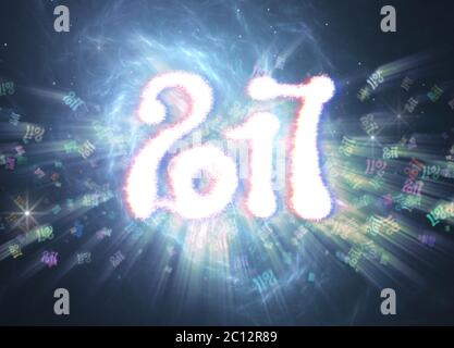 Bonne année 2017 avec des numéros isolés de la lumière sur l'arrière-plan flou lumineux plein de chiffres de vol 3d illustration Banque D'Images