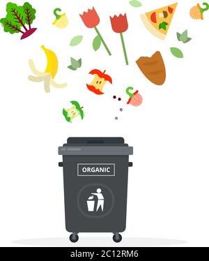 Poubelle noire pour déchets organiques isolés à plat Illustration de Vecteur