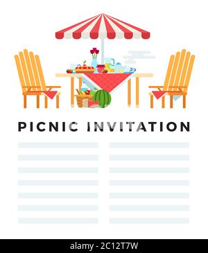 Invitation pique-nique. Illustration vectorielle plate avec espace pour le texte. Concept pique-nique d'été. Illustration de Vecteur