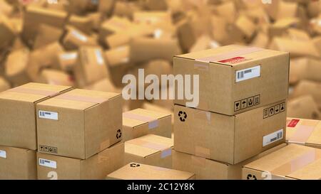 illustration 3d de centaines de colis de carton sur un tas Banque D'Images