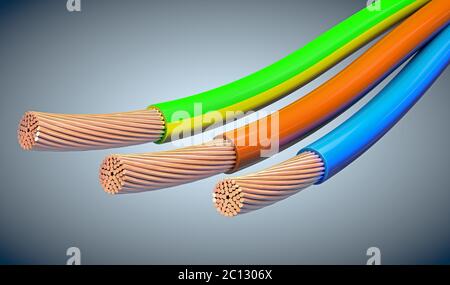 3 câbles d'alimentation de base ou de l'alimentation dans des couleurs jaune, brun et jaune à rayures vert - 3d illustration Banque D'Images