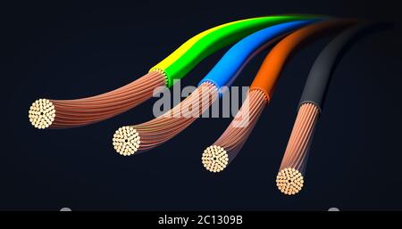 4 câbles d'alimentation de base ou de l'alimentation dans des couleurs jaune, brun et jaune à rayures vert - 3d illustration Banque D'Images