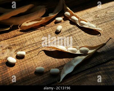 haricots blancs sur fond en bois. Récolte biologique de haricots blancs. Banque D'Images