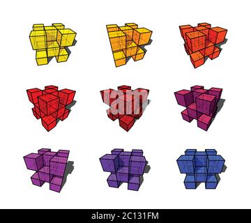 collection d'éléments géométriques abstraits de conception composée de cubes dans de nombreuses variantes Illustration de Vecteur