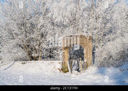 Old brick gate près de la forêt en hiver Banque D'Images