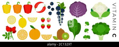 Vitamine C plat vecteur ensemble icônes fruits et légumes. Aliments riches en calcium. Illustration de Vecteur