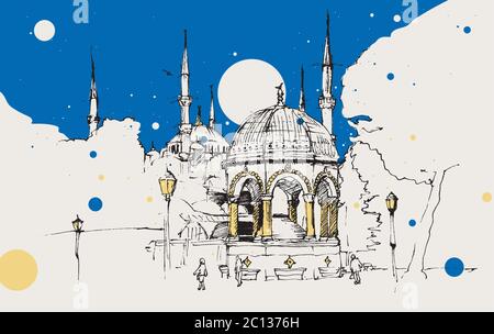 Dessin d'illustration de la fontaine allemande et de la Mosquée bleue ou de la mosquée Sultanahmet, Istanbul Illustration de Vecteur